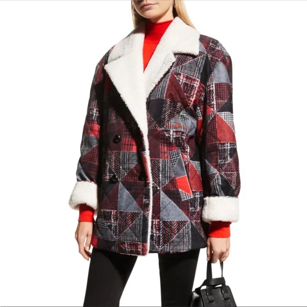 Derek Lam 10 Crosby Hayden Quilted Faux Sherpa Coat in Red Multi NEW